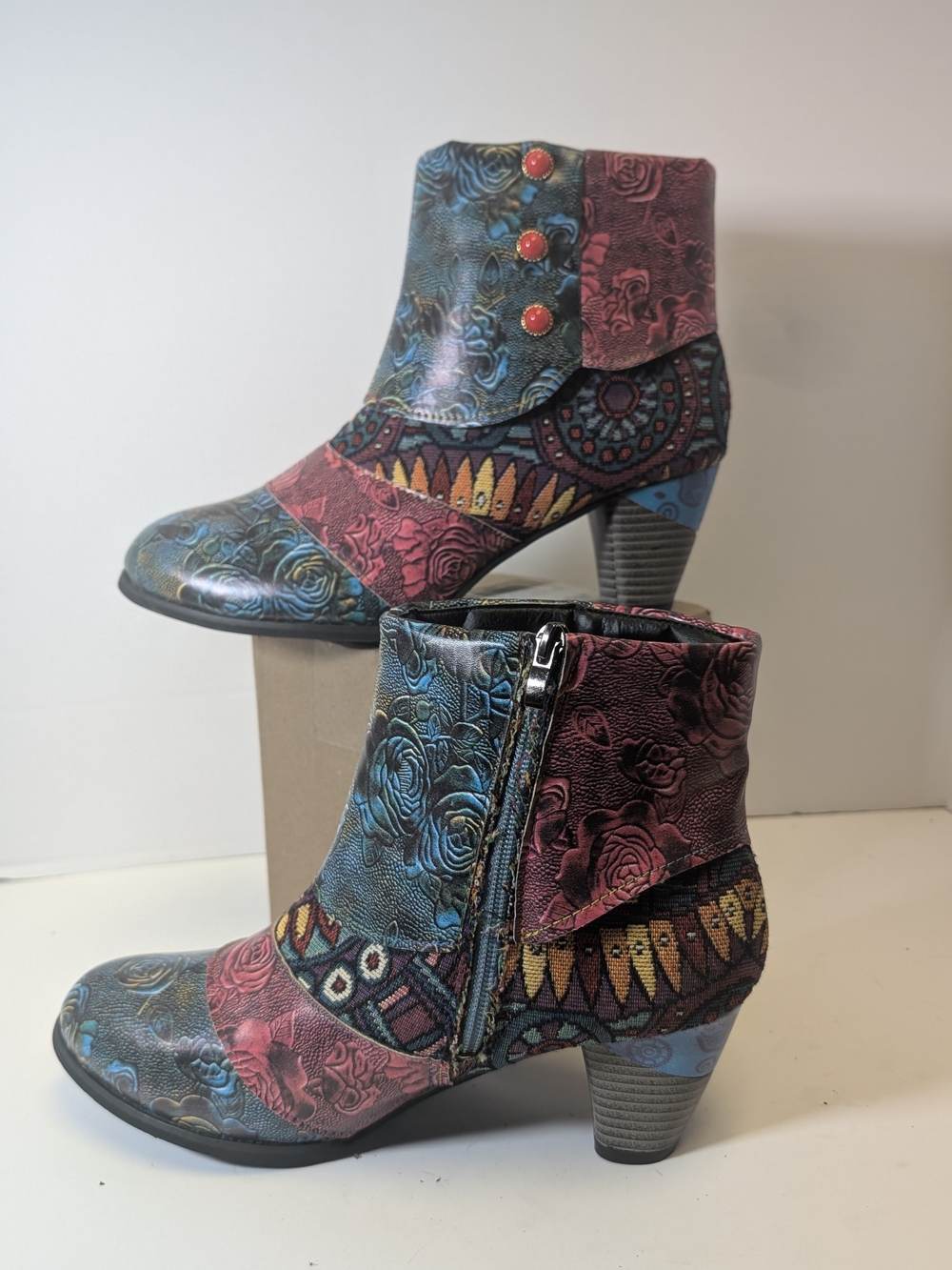 Multicolor Floral Embossed Ankle Booties with Patterned Panels